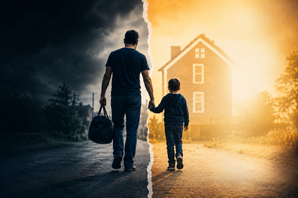 Padre e hijo caminando agarrados de la mano
