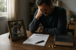 Hombre afectado emocionalmente por un divorcio junto a una fotografía familiar y documentos de derecho de familia.