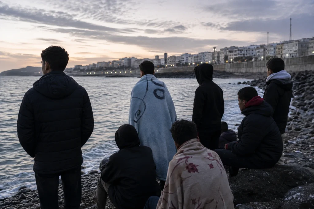Grupo de jóvenes migrantes de espaldas junto a la costa de Ceuta, con la ciudad al fondo.